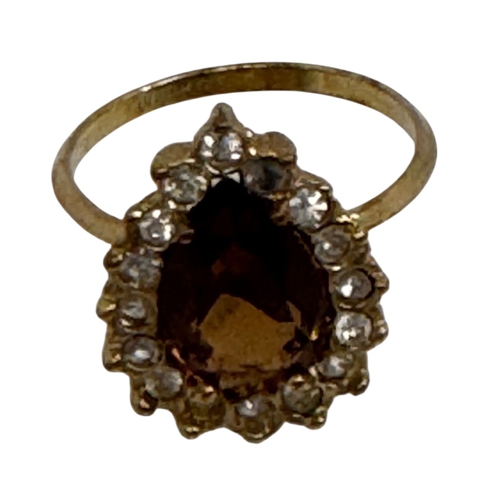 Vintage Gold Tone Pear Cut Amber Halo Statement Cocktail Ring Size 8.75 Y2K
